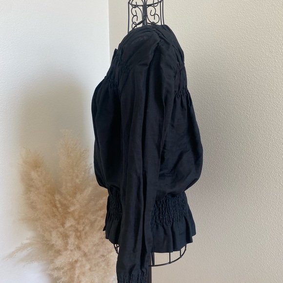 SOLD FRAME Smocked Zip Front Black Linen Jacket - Picture 3 of 9